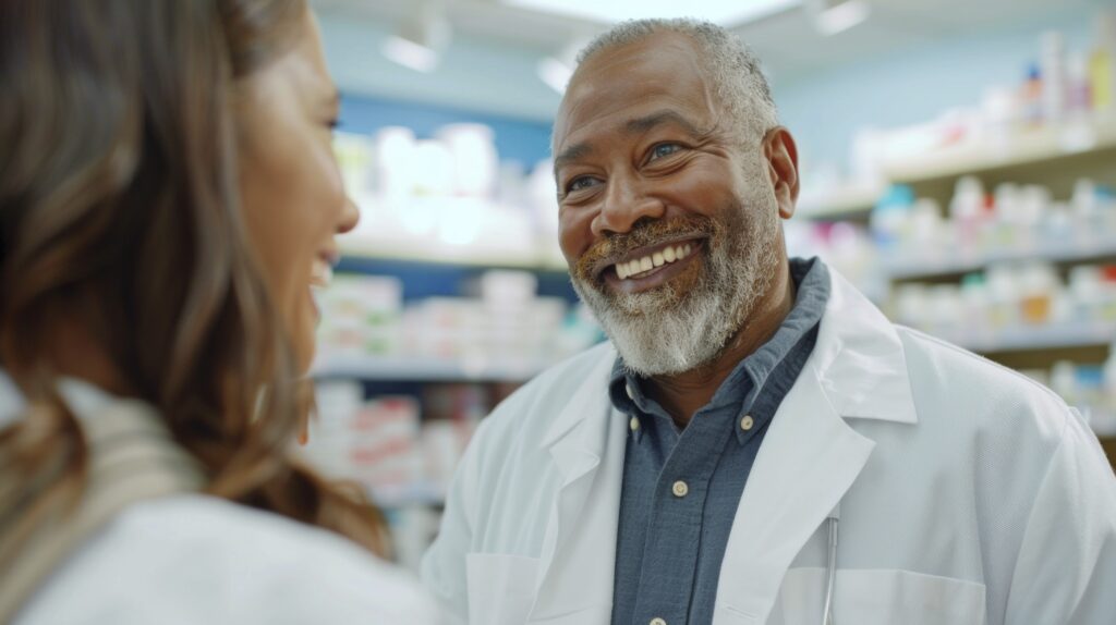 man working as pharmacist